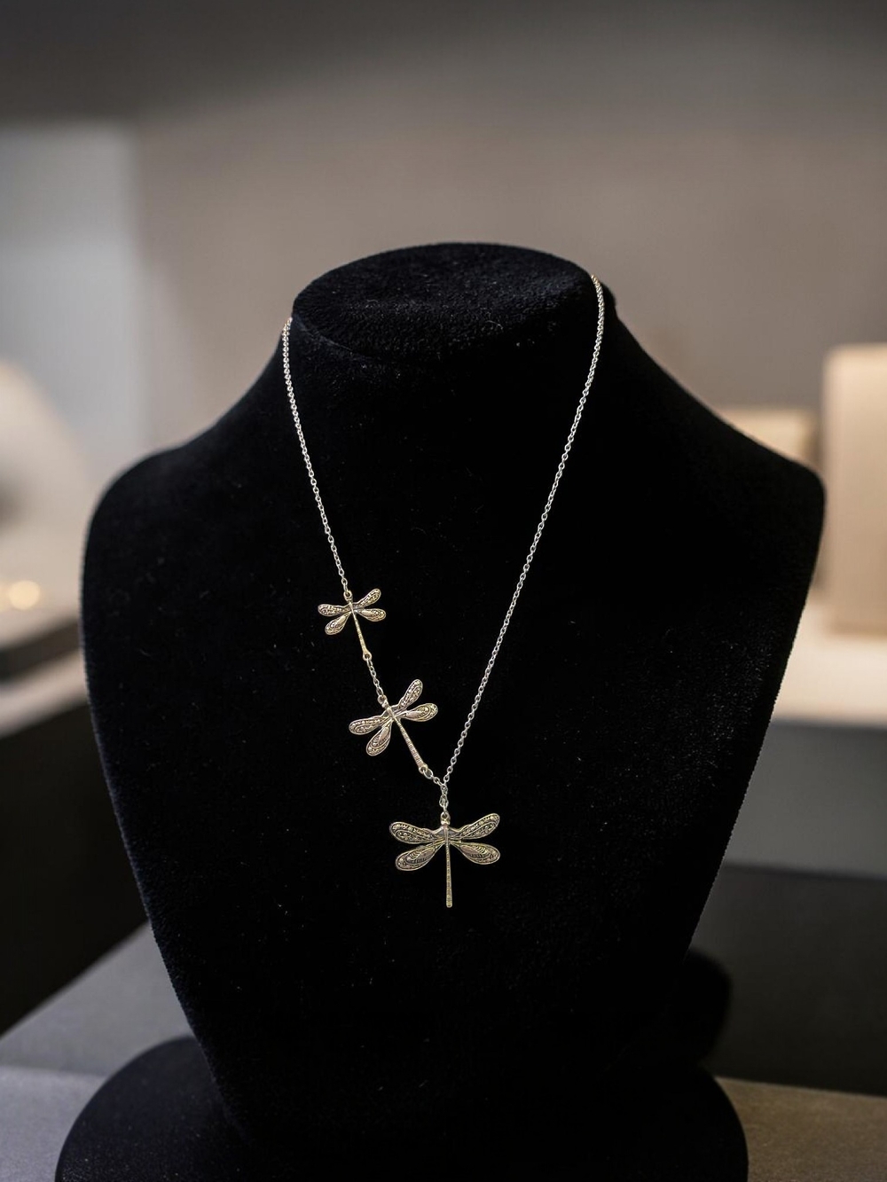 Silver Tone Dragonfly Pendant Necklace Three Drop Design Long Chain